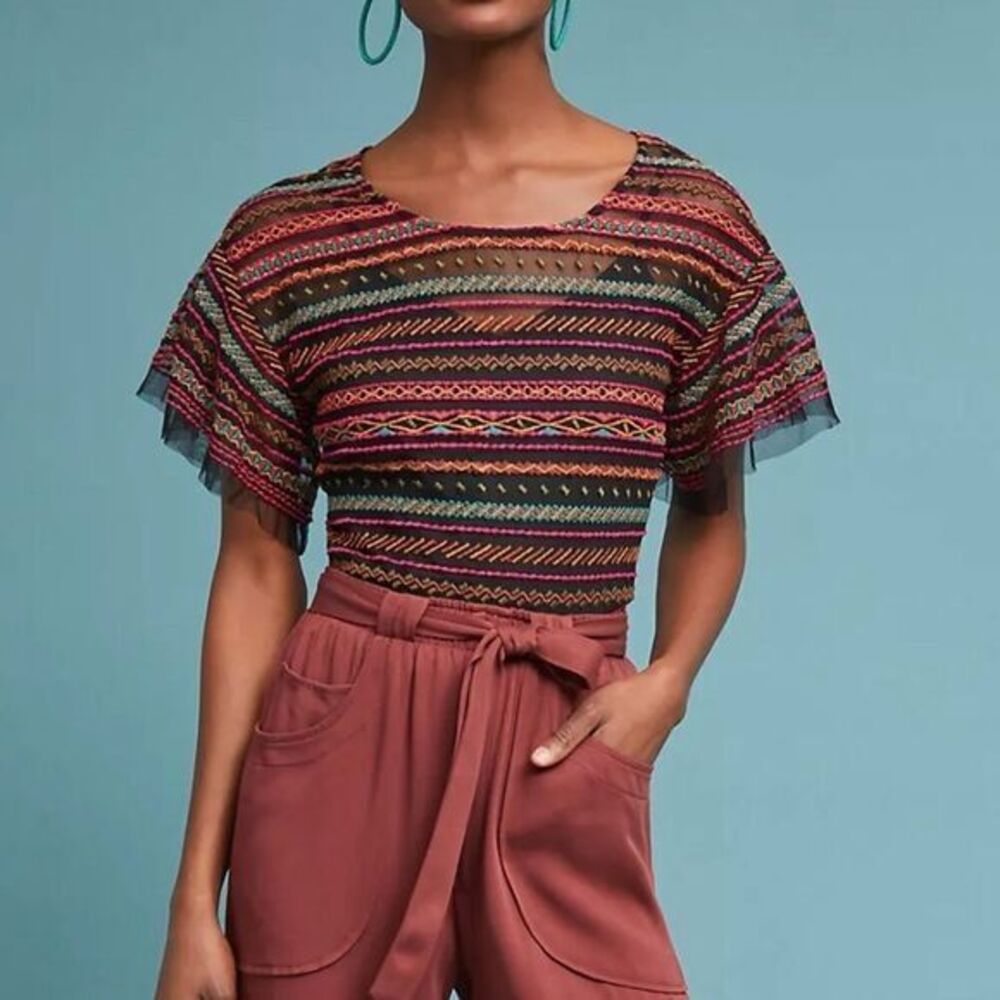 Maeve‎ Women's XXS Naples Embroidered Mesh Blouse Multicolor Ruffle Sleeve